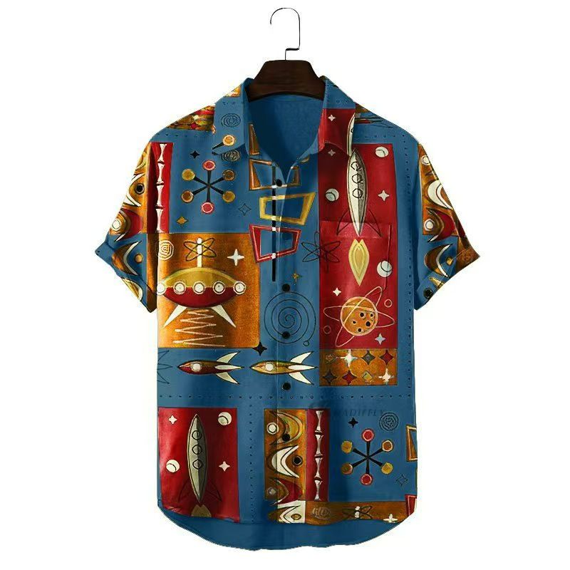 Men's Summer New Retro HK-Style Oversized Short-Sleeve Shirts - Digital Print Casual Button-Downs with Diverse Fun Patterns (Varies) for Beach & Daily Wear