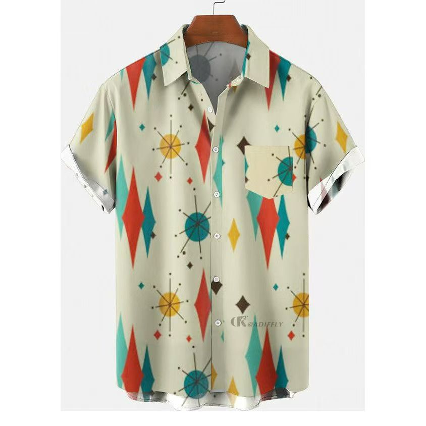 Men's Summer New Retro HK-Style Oversized Short-Sleeve Shirts - Digital Print Casual Button-Downs with Diverse Fun Patterns (Varies) for Beach & Daily Wear