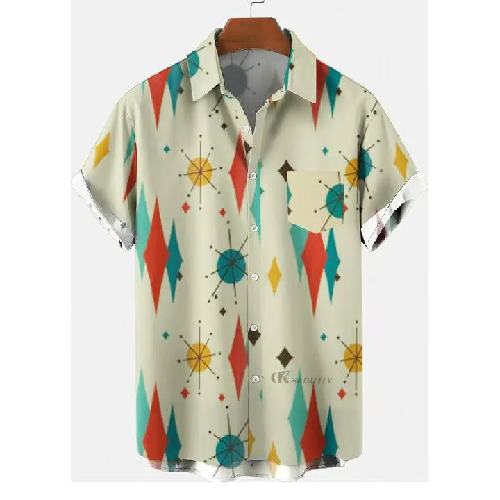 Men's Summer New Retro HK-Style Oversized Short-Sleeve Shirts - Digital Print Casual Button-Downs with Diverse Fun Patterns (Varies) for Beach & Daily Wear
