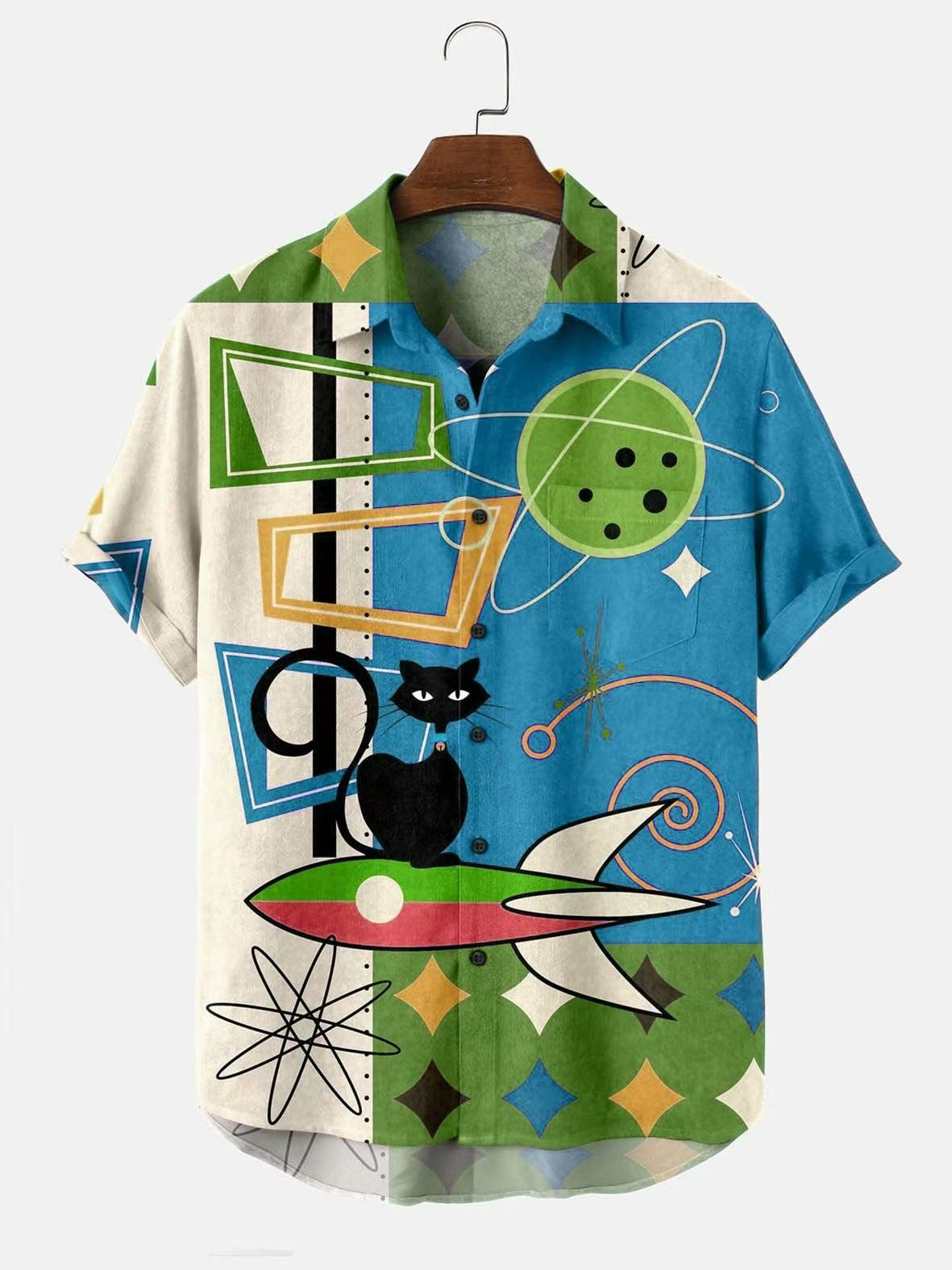Men's Summer New Retro HK-Style Oversized Short-Sleeve Shirts - Digital Print Casual Button-Downs with Diverse Fun Patterns (Varies) for Beach & Daily Wear