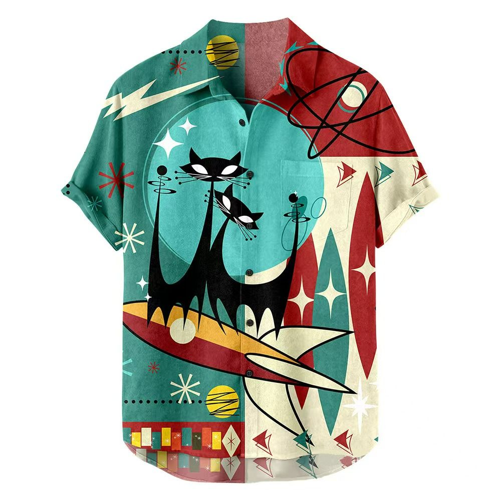 Men's Summer New Retro HK-Style Oversized Short-Sleeve Shirts - Digital Print Casual Button-Downs with Diverse Fun Patterns (Varies) for Beach & Daily Wear