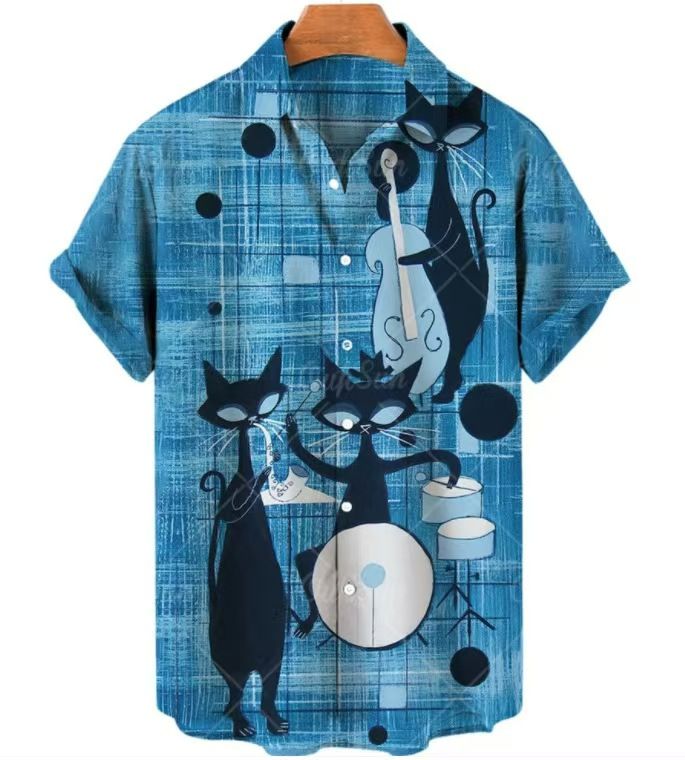 Men's Summer New Retro HK-Style Oversized Short-Sleeve Shirts - Digital Print Casual Button-Downs with Diverse Fun Patterns (Varies) for Beach & Daily Wear