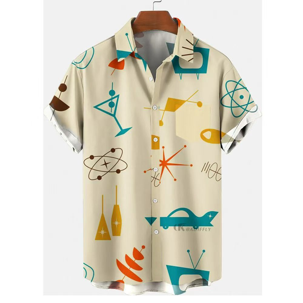 Men's Summer New Retro HK-Style Oversized Short-Sleeve Shirts - Digital Print Casual Button-Downs with Diverse Fun Patterns (Varies) for Beach & Daily Wear