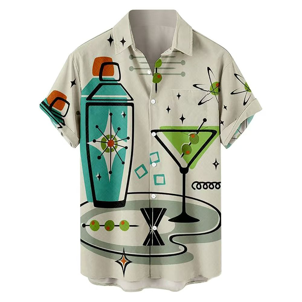 Men's Summer New Retro HK-Style Oversized Short-Sleeve Shirts - Digital Print Casual Button-Downs with Diverse Fun Patterns (Varies) for Beach & Daily Wear