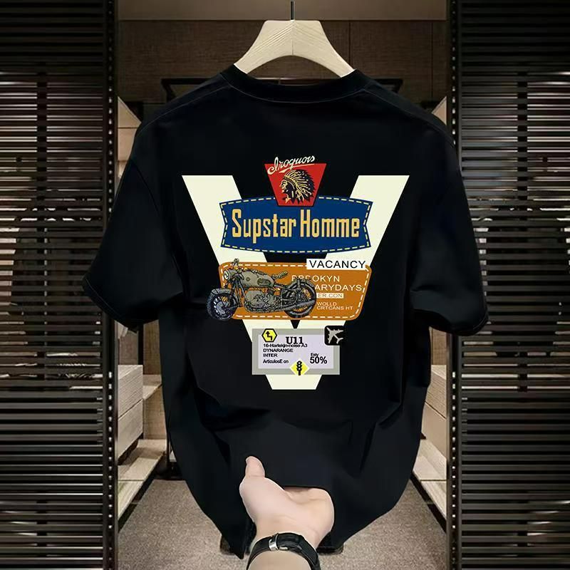 Men's High-Quality Short-Sleeve T-Shirt: American casual crew neck, breathable fabric. Trendy prints in black/white. Versatile for daily/streetwear. Comfortable fit, durable material.
