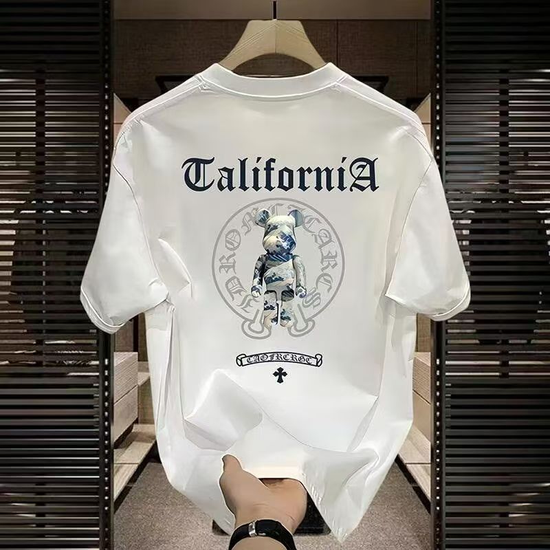 Men's High-Quality Short-Sleeve T-Shirt: American casual crew neck, breathable fabric. Trendy prints in black/white. Versatile for daily/streetwear. Comfortable fit, durable material.