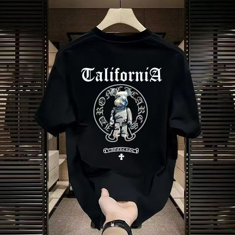 Men's High-Quality Short-Sleeve T-Shirt: American casual crew neck, breathable fabric. Trendy prints in black/white. Versatile for daily/streetwear. Comfortable fit, durable material.