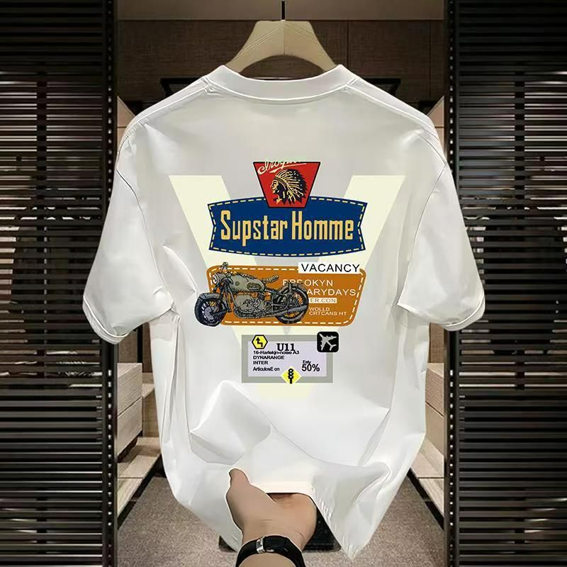 Men's High-Quality Short-Sleeve T-Shirt: American casual crew neck, breathable fabric. Trendy prints in black/white. Versatile for daily/streetwear. Comfortable fit, durable material.