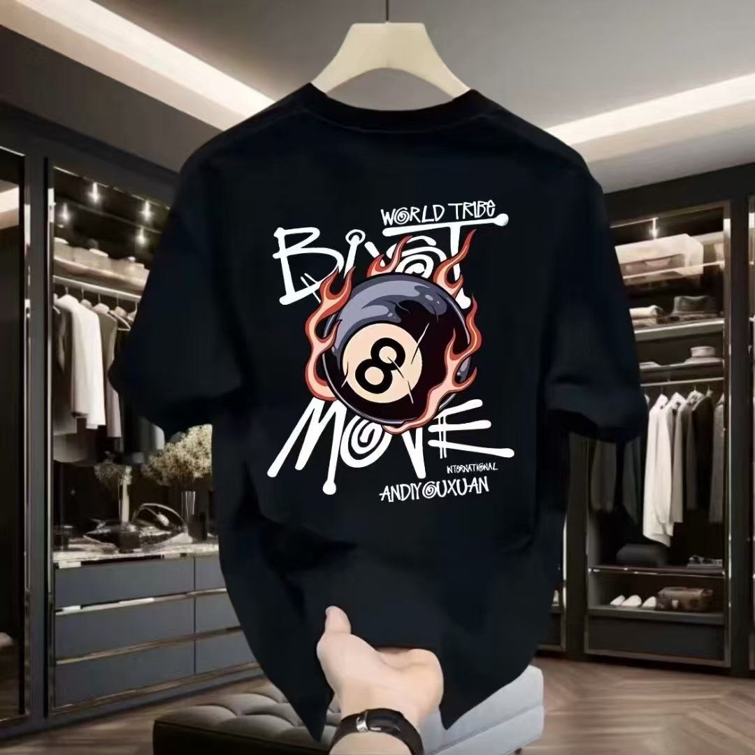 Men's High-Quality Short-Sleeve T-Shirt: American casual crew neck, breathable fabric. Trendy prints in black/white. Versatile for daily/streetwear. Comfortable fit, durable material.