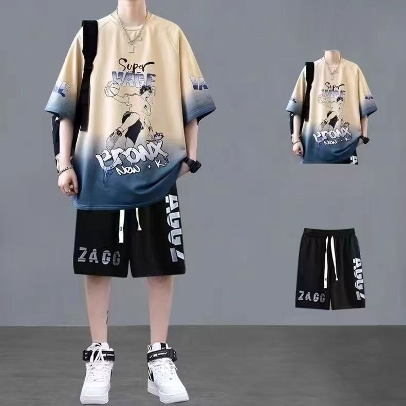 Summer Men's 2-Piece Streetwear Set - Oversized Gradient Anime Basketball T-Shirt & Casual Shorts, Trendy Breathable Sportswear for Teen Boys, Stylish Comfortable Outfit