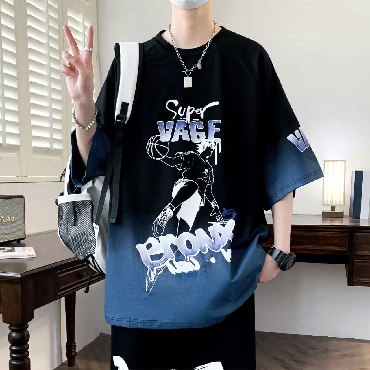 Summer Men's 2-Piece Streetwear Set - Oversized Gradient Anime Basketball T-Shirt & Casual Shorts, Trendy Breathable Sportswear for Teen Boys, Stylish Comfortable Outfit