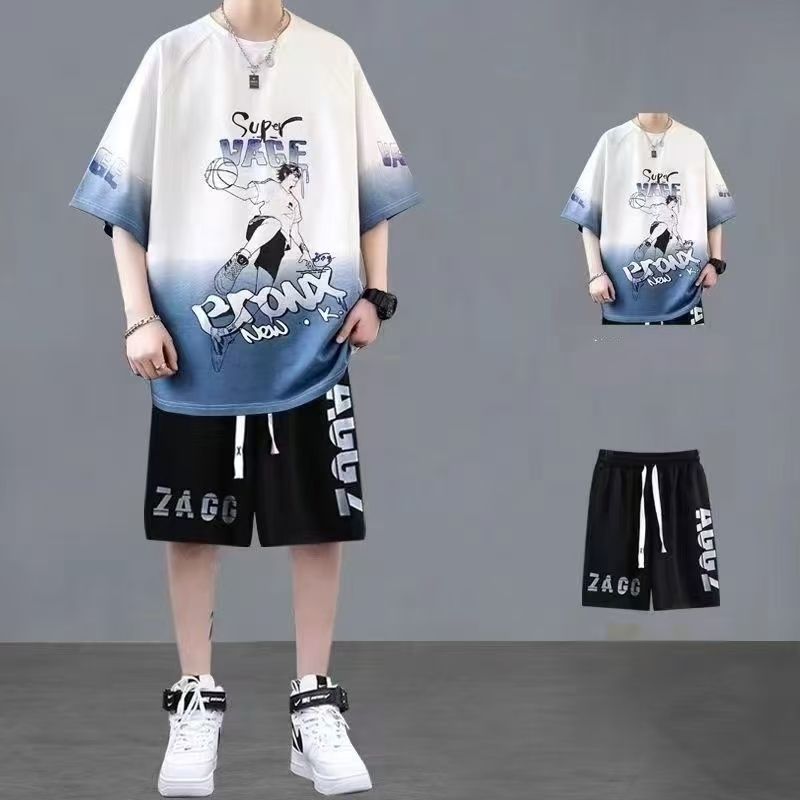 Summer Men's 2-Piece Streetwear Set - Oversized Gradient Anime Basketball T-Shirt & Casual Shorts, Trendy Breathable Sportswear for Teen Boys, Stylish Comfortable Outfit