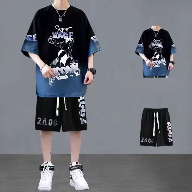 Summer Men's 2-Piece Streetwear Set - Oversized Gradient Anime Basketball T-Shirt & Casual Shorts, Trendy Breathable Sportswear for Teen Boys, Stylish Comfortable Outfit
