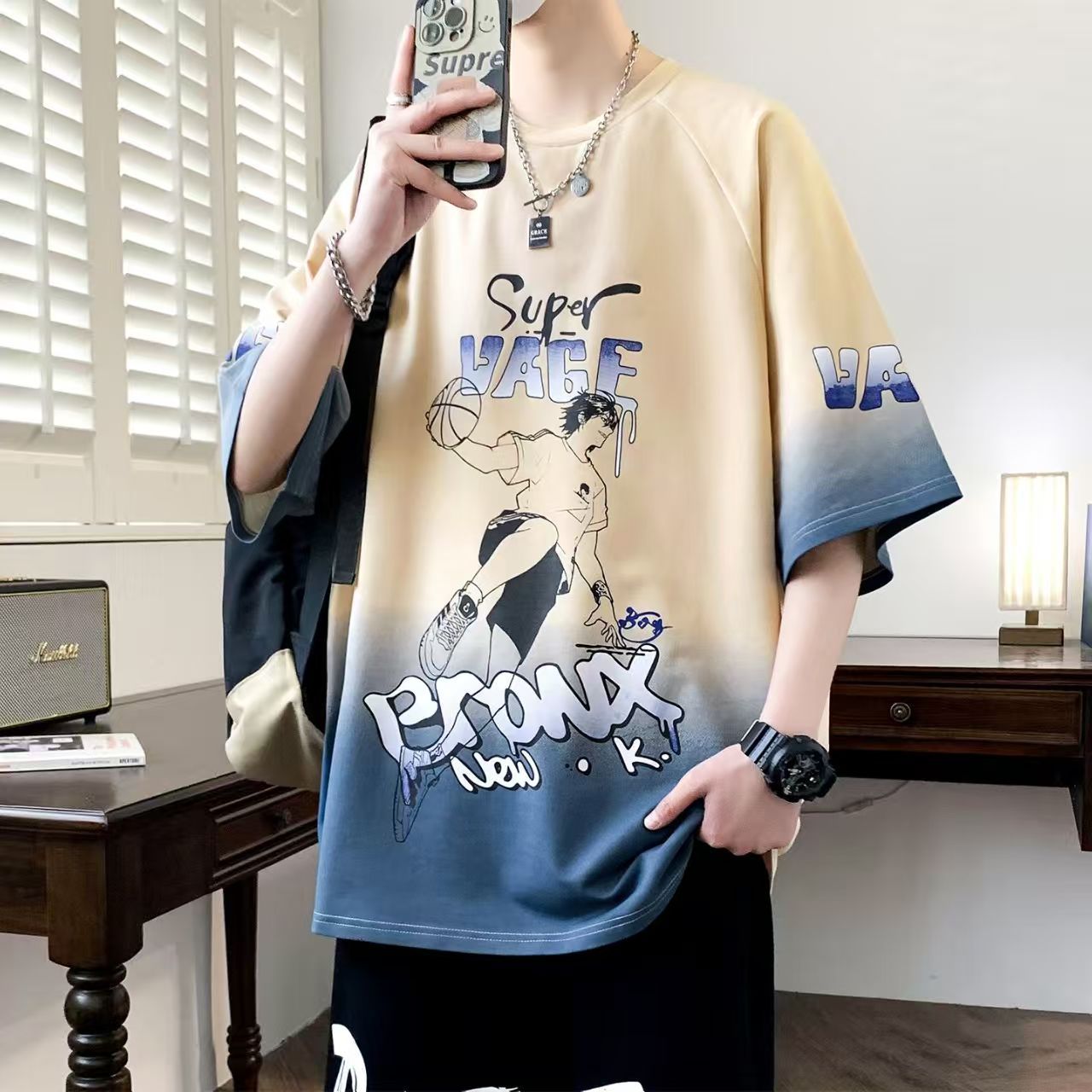 Summer Men's 2-Piece Streetwear Set - Oversized Gradient Anime Basketball T-Shirt & Casual Shorts, Trendy Breathable Sportswear for Teen Boys, Stylish Comfortable Outfit