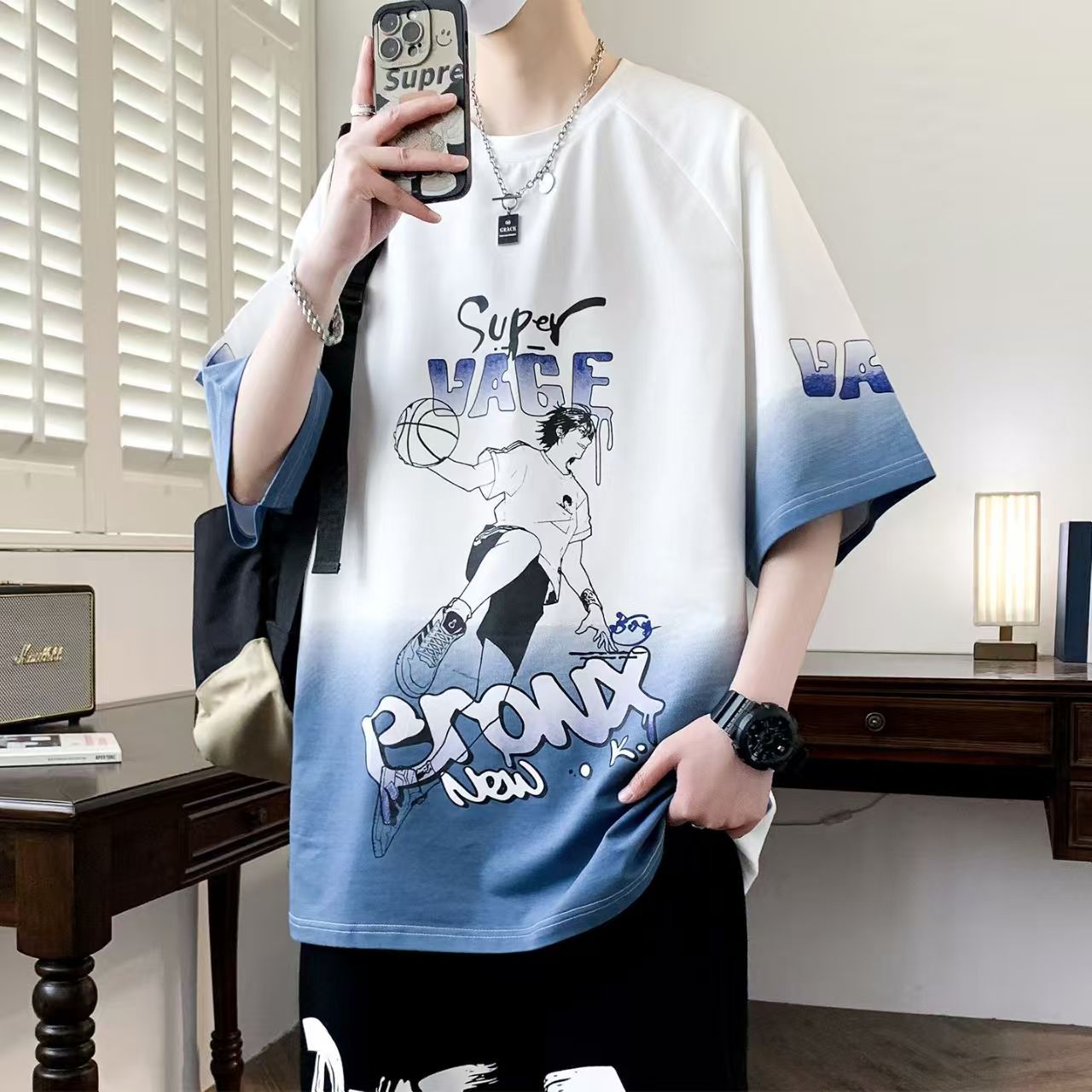 Summer Men's 2-Piece Streetwear Set - Oversized Gradient Anime Basketball T-Shirt & Casual Shorts, Trendy Breathable Sportswear for Teen Boys, Stylish Comfortable Outfit