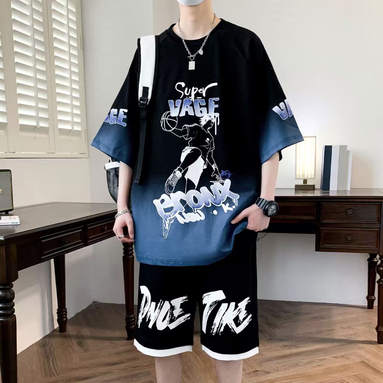 Summer Men's 2-Piece Streetwear Set - Oversized Gradient Anime Basketball T-Shirt & Casual Shorts, Trendy Breathable Sportswear for Teen Boys, Stylish Comfortable Outfit