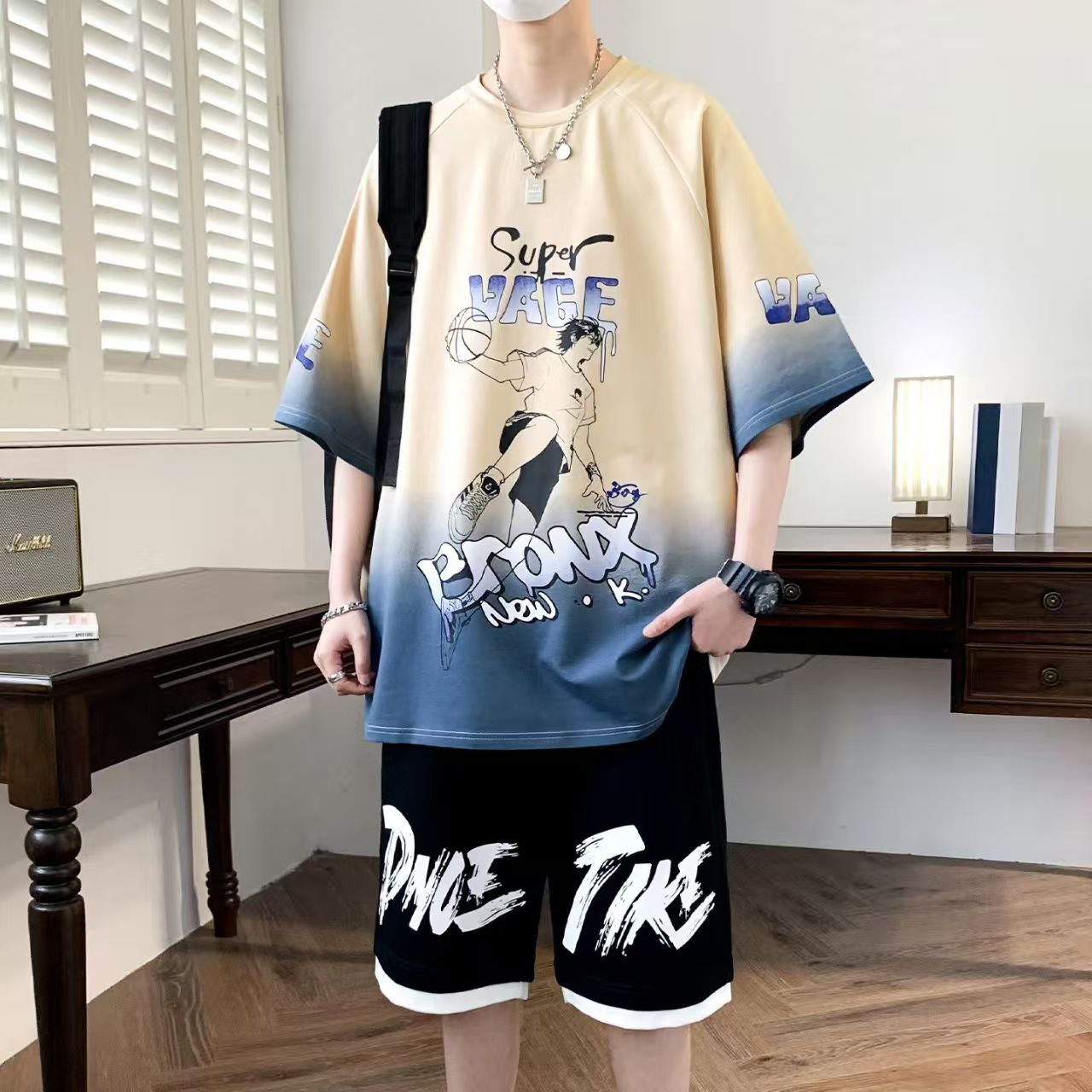 Summer Men's 2-Piece Streetwear Set - Oversized Gradient Anime Basketball T-Shirt & Casual Shorts, Trendy Breathable Sportswear for Teen Boys, Stylish Comfortable Outfit