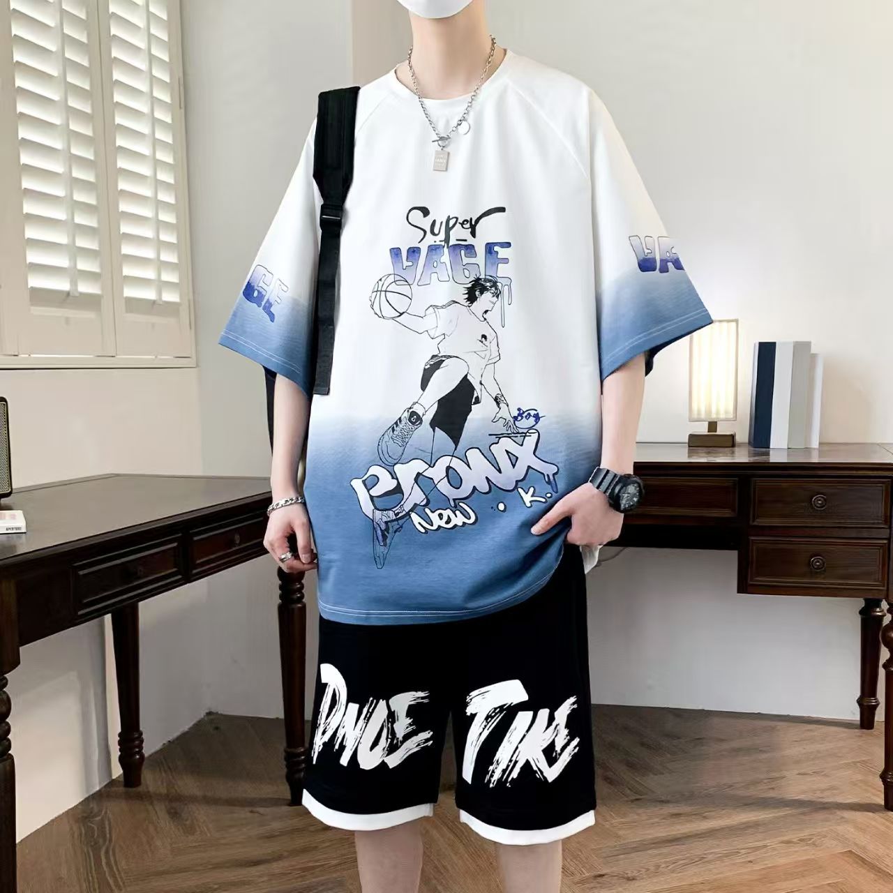 Summer Men's 2-Piece Streetwear Set - Oversized Gradient Anime Basketball T-Shirt & Casual Shorts, Trendy Breathable Sportswear for Teen Boys, Stylish Comfortable Outfit