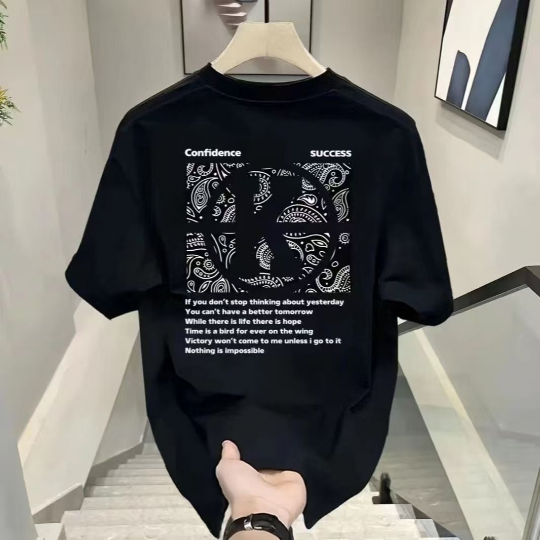Men's High-Quality Short-Sleeve T-Shirt: American casual crew neck, breathable fabric. Trendy prints in black/white. Versatile for daily/streetwear. Comfortable fit, durable material.