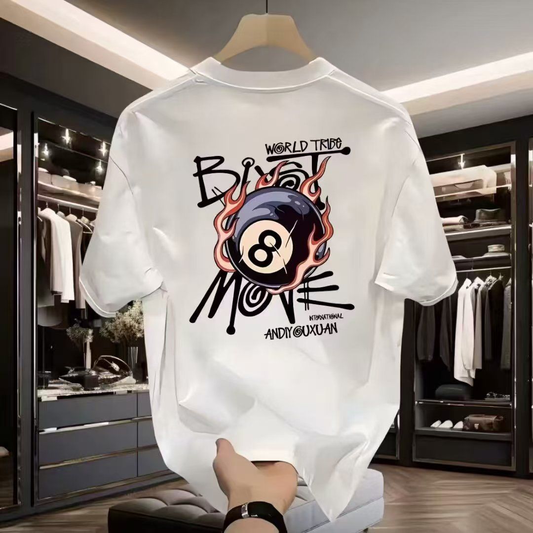 Men's High-Quality Short-Sleeve T-Shirt: American casual crew neck, breathable fabric. Trendy prints in black/white. Versatile for daily/streetwear. Comfortable fit, durable material.