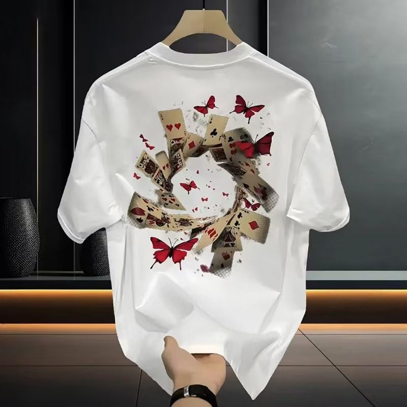 Men's High-Quality Short-Sleeve T-Shirt: American casual crew neck, breathable fabric. Trendy prints in black/white. Versatile for daily/streetwear. Comfortable fit, durable material.