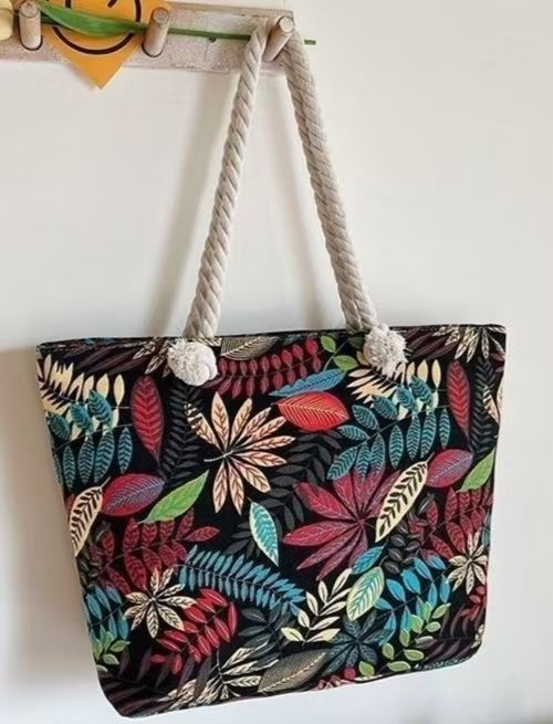 Large-Capacity Canvas Tote Bag for Women – Stylish Leaf-Print Single Shoulder Bag, Spacious for Work/ Shopping/ Commute, Embroidered Casual Handbag, Durable Lightweight Daily Bag with Rope Handles