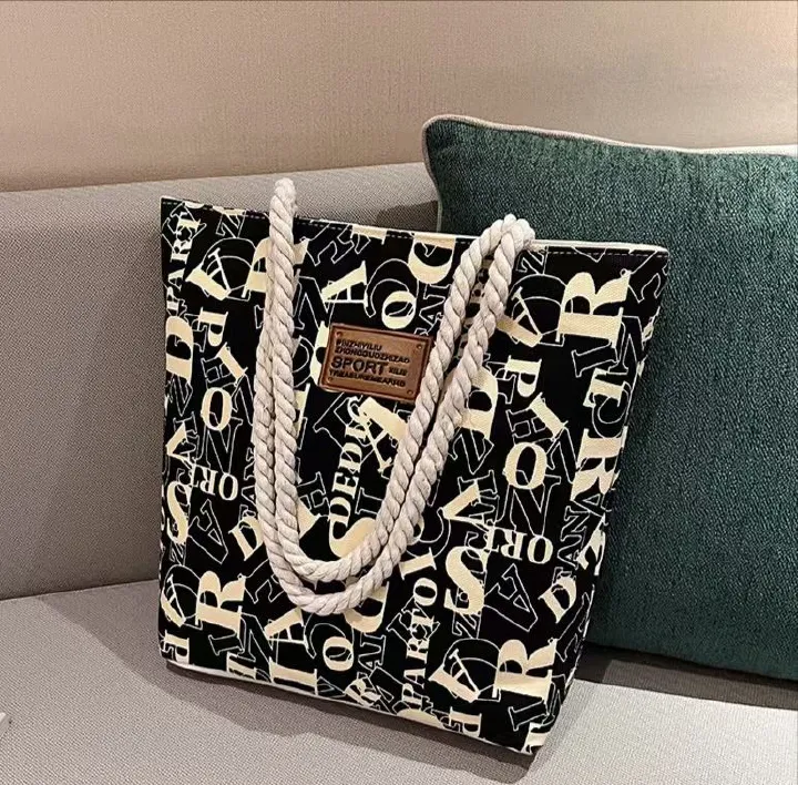 Large-Capacity Canvas Tote Bag for Women – Stylish Leaf-Print Single Shoulder Bag, Spacious for Work/ Shopping/ Commute, Embroidered Casual Handbag, Durable Lightweight Daily Bag with Rope Handles