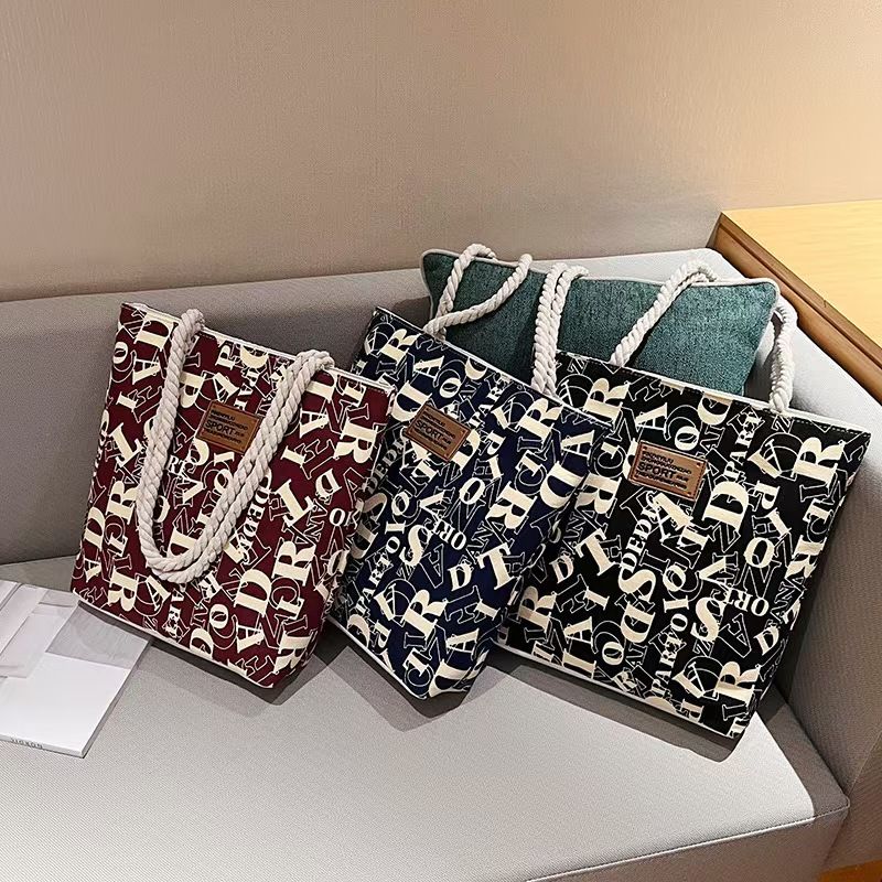 Large-Capacity Canvas Tote Bag for Women – Stylish Leaf-Print Single Shoulder Bag, Spacious for Work/ Shopping/ Commute, Embroidered Casual Handbag, Durable Lightweight Daily Bag with Rope Handles