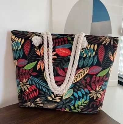 Large-Capacity Canvas Tote Bag for Women – Stylish Leaf-Print Single Shoulder Bag, Spacious for Work/ Shopping/ Commute, Embroidered Casual Handbag, Durable Lightweight Daily Bag with Rope Handles