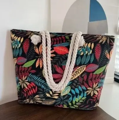 Large-Capacity Canvas Tote Bag for Women – Stylish Leaf-Print Single Shoulder Bag, Spacious for Work/ Shopping/ Commute, Embroidered Casual Handbag, Durable Lightweight Daily Bag with Rope Handles