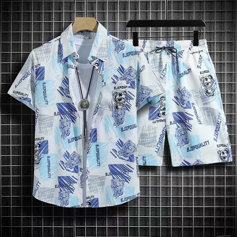 Men's Quick-Dry Hawaiian Beach Set, Two-Piece Short-Sleeve Floral Shirt and Shorts, Casual Tropical Print Outfit for Summer Vacation, Beachwear, and Leisure Activities