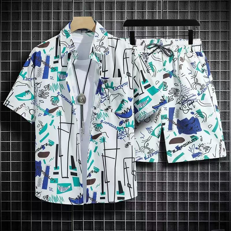 Men's Quick-Dry Hawaiian Beach Set, Two-Piece Short-Sleeve Floral Shirt and Shorts, Casual Tropical Print Outfit for Summer Vacation, Beachwear, and Leisure Activities