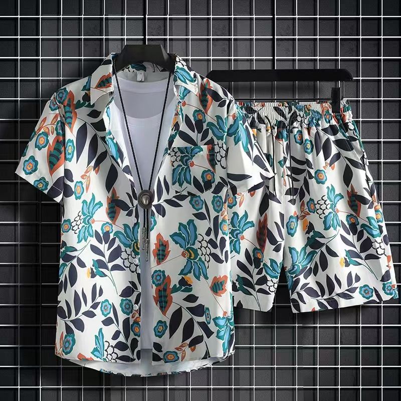 Men's Quick-Dry Hawaiian Beach Set, Two-Piece Short-Sleeve Floral Shirt and Shorts, Casual Tropical Print Outfit for Summer Vacation, Beachwear, and Leisure Activities