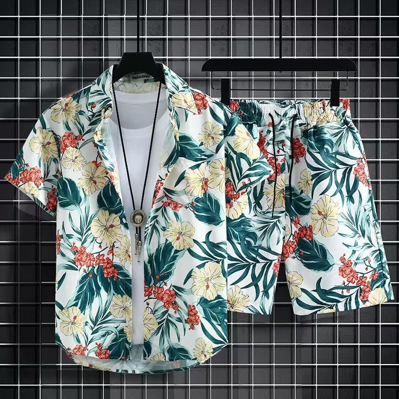 Men's Quick-Dry Hawaiian Beach Set, Two-Piece Short-Sleeve Floral Shirt and Shorts, Casual Tropical Print Outfit for Summer Vacation, Beachwear, and Leisure Activities