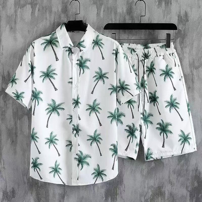 Men's Quick-Dry Hawaiian Beach Set, Two-Piece Short-Sleeve Floral Shirt and Shorts, Casual Tropical Print Outfit for Summer Vacation, Beachwear, and Leisure Activities