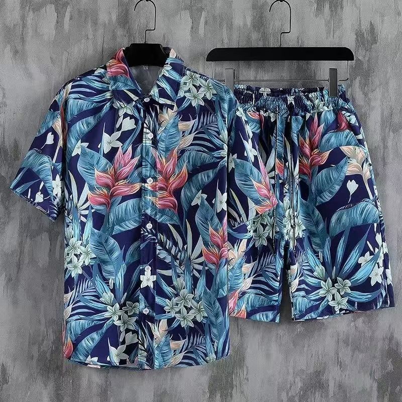 Men's Quick-Dry Hawaiian Beach Set, Two-Piece Short-Sleeve Floral Shirt and Shorts, Casual Tropical Print Outfit for Summer Vacation, Beachwear, and Leisure Activities