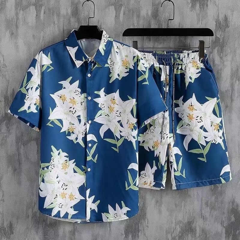 Men's Quick-Dry Hawaiian Beach Set, Two-Piece Short-Sleeve Floral Shirt and Shorts, Casual Tropical Print Outfit for Summer Vacation, Beachwear, and Leisure Activities