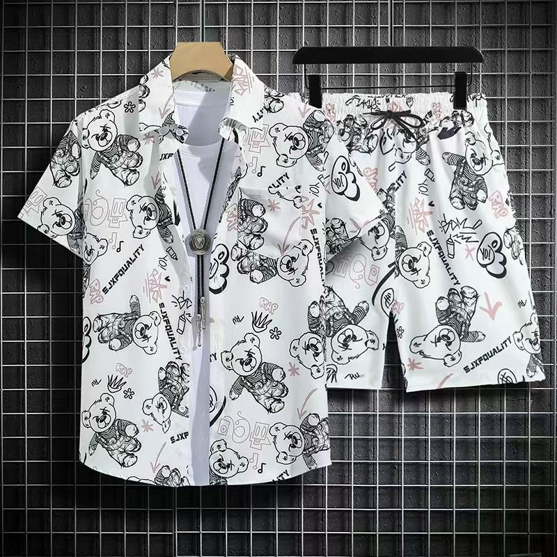 Men's Quick-Dry Hawaiian Beach Set, Two-Piece Short-Sleeve Floral Shirt and Shorts, Casual Tropical Print Outfit for Summer Vacation, Beachwear, and Leisure Activities