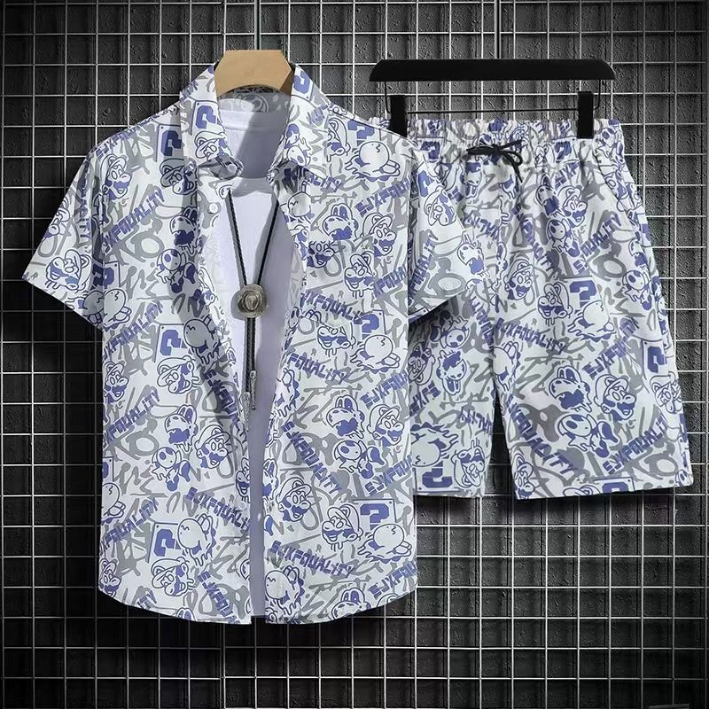 Men's Quick-Dry Hawaiian Beach Set, Two-Piece Short-Sleeve Floral Shirt and Shorts, Casual Tropical Print Outfit for Summer Vacation, Beachwear, and Leisure Activities