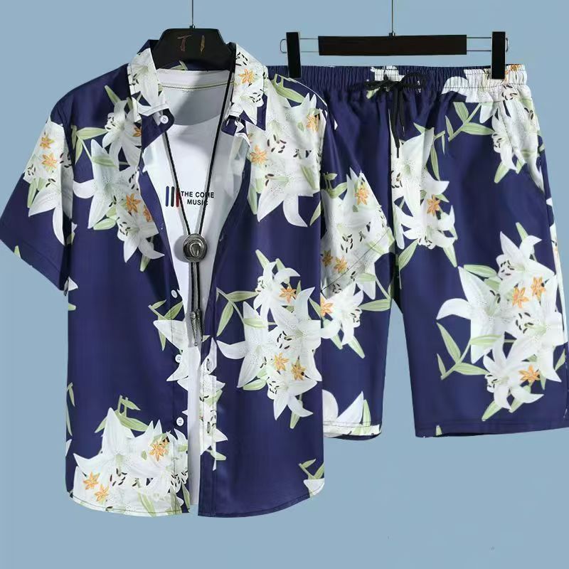 Men's Quick-Dry Hawaiian Beach Set, Two-Piece Short-Sleeve Floral Shirt and Shorts, Casual Tropical Print Outfit for Summer Vacation, Beachwear, and Leisure Activities