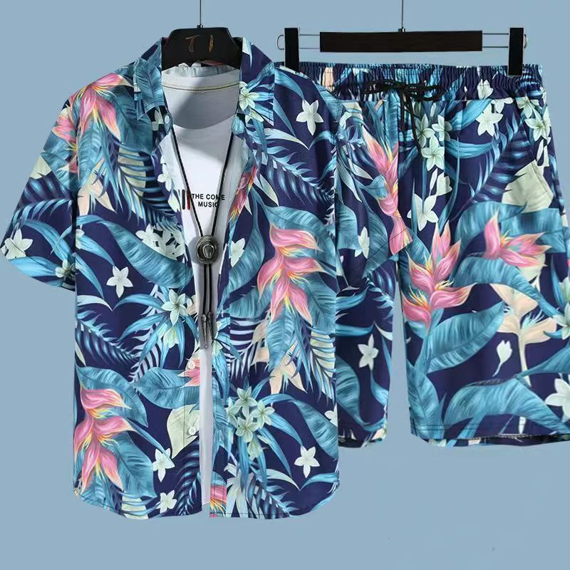 Men's Quick-Dry Hawaiian Beach Set, Two-Piece Short-Sleeve Floral Shirt and Shorts, Casual Tropical Print Outfit for Summer Vacation, Beachwear, and Leisure Activities