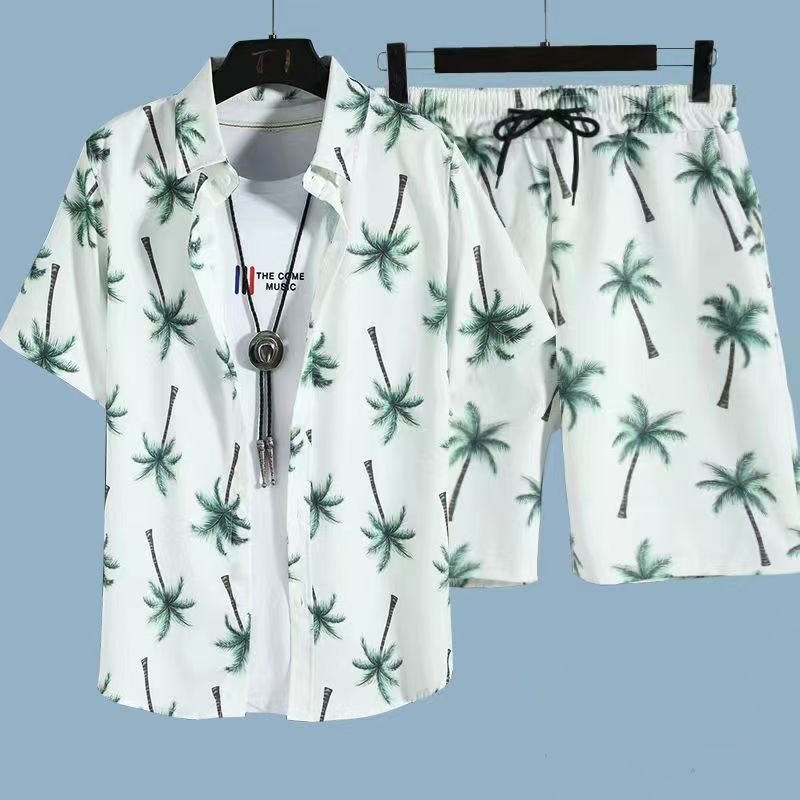 Men's Quick-Dry Hawaiian Beach Set, Two-Piece Short-Sleeve Floral Shirt and Shorts, Casual Tropical Print Outfit for Summer Vacation, Beachwear, and Leisure Activities