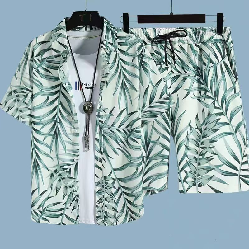 Men's Quick-Dry Hawaiian Beach Set, Two-Piece Short-Sleeve Floral Shirt and Shorts, Casual Tropical Print Outfit for Summer Vacation, Beachwear, and Leisure Activities
