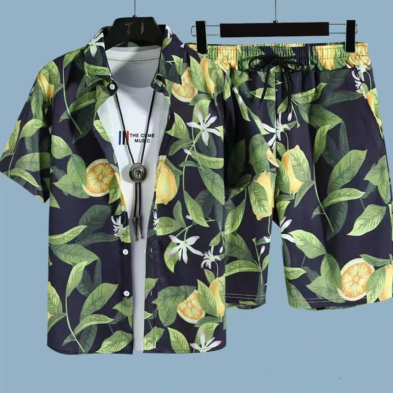 Men's Quick-Dry Hawaiian Beach Set, Two-Piece Short-Sleeve Floral Shirt and Shorts, Casual Tropical Print Outfit for Summer Vacation, Beachwear, and Leisure Activities