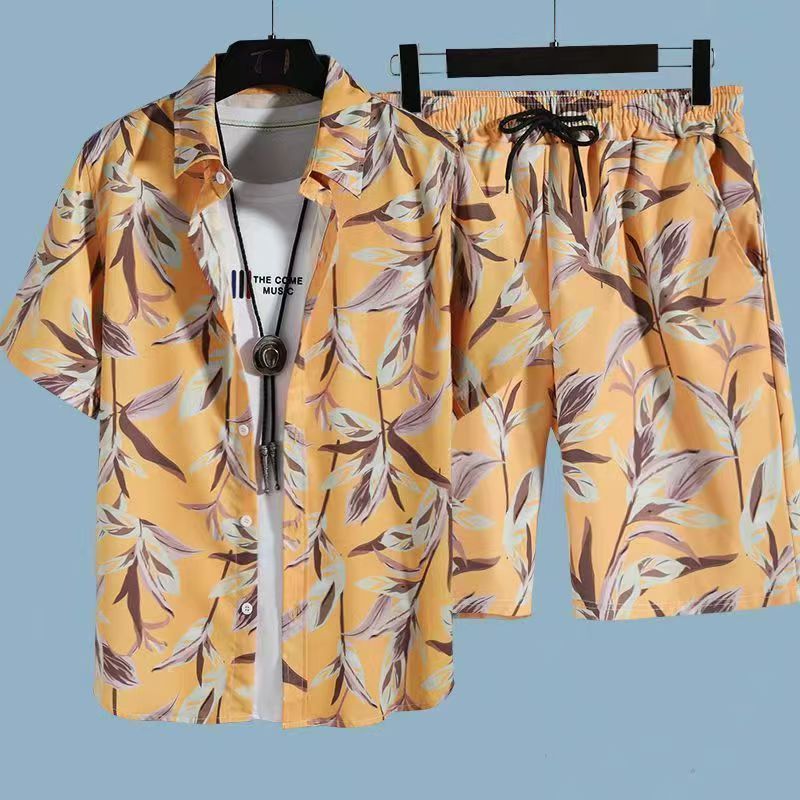 Men's Quick-Dry Hawaiian Beach Set, Two-Piece Short-Sleeve Floral Shirt and Shorts, Casual Tropical Print Outfit for Summer Vacation, Beachwear, and Leisure Activities