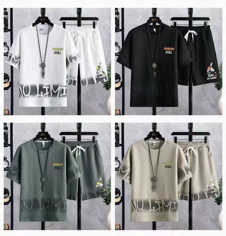 Men's Summer Loose Short Sleeve T-Shirt & Shorts Set, Korean Style Trendy Half Sleeve Tee with 5-Inch Shorts Two-Piece Outfit for Men, Naruto Print Casual Streetwear