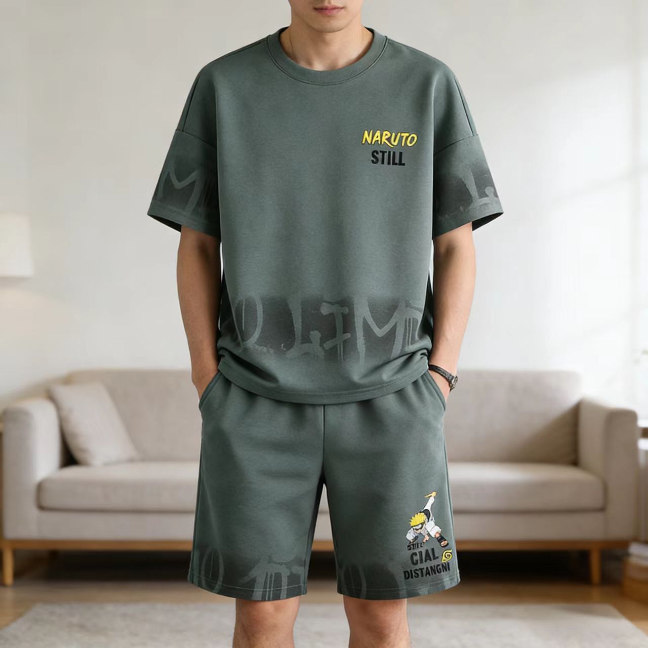 Men's Summer Loose Short Sleeve T-Shirt & Shorts Set, Korean Style Trendy Half Sleeve Tee with 5-Inch Shorts Two-Piece Outfit for Men, Naruto Print Casual Streetwear