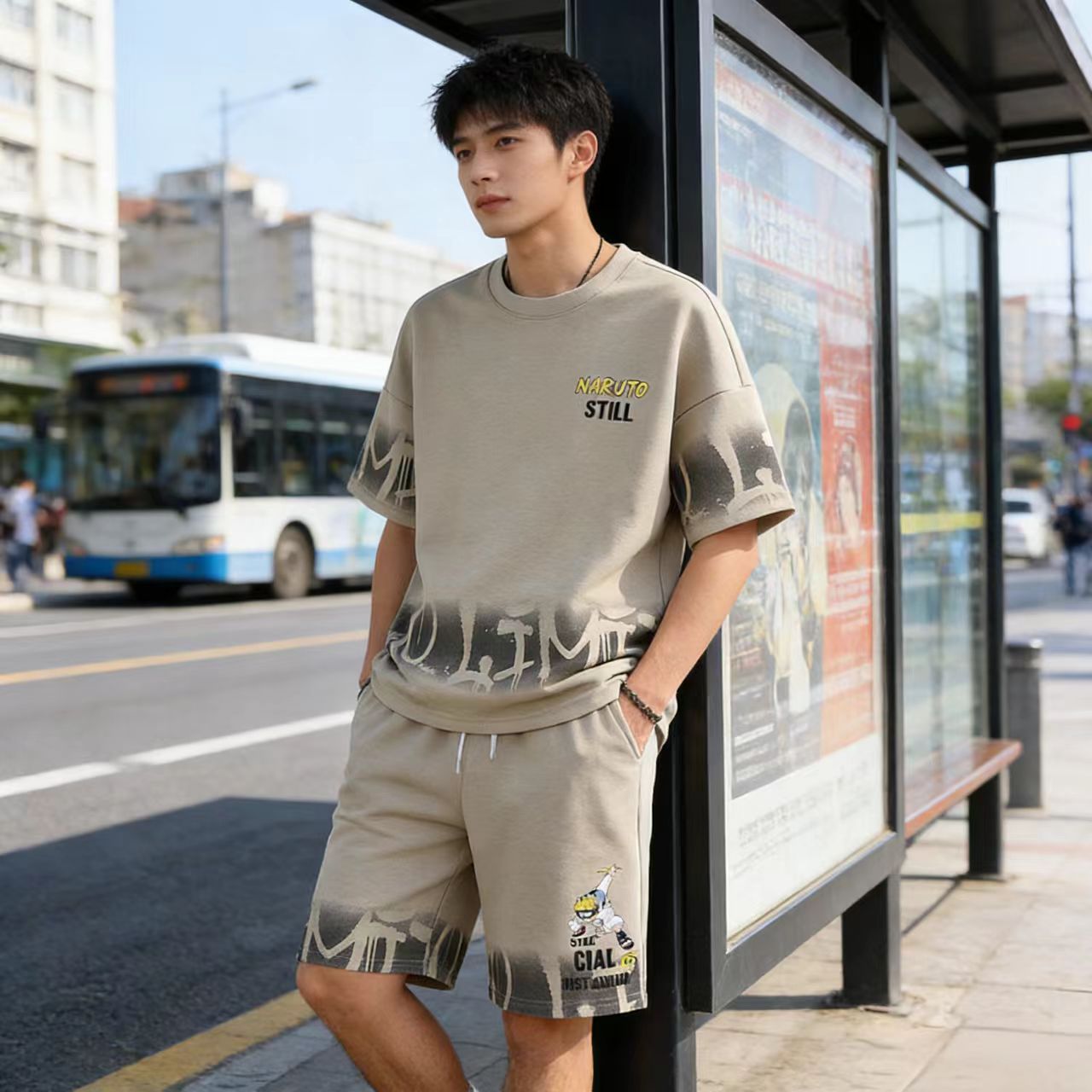 Men's Summer Loose Short Sleeve T-Shirt & Shorts Set, Korean Style Trendy Half Sleeve Tee with 5-Inch Shorts Two-Piece Outfit for Men, Naruto Print Casual Streetwear