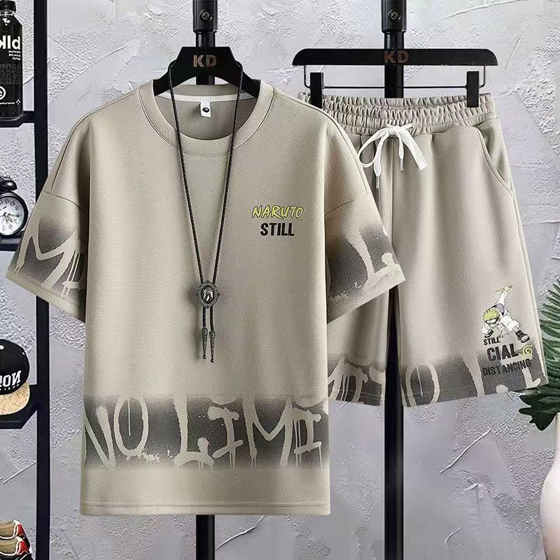 Men's Summer Loose Short Sleeve T-Shirt & Shorts Set, Korean Style Trendy Half Sleeve Tee with 5-Inch Shorts Two-Piece Outfit for Men, Naruto Print Casual Streetwear