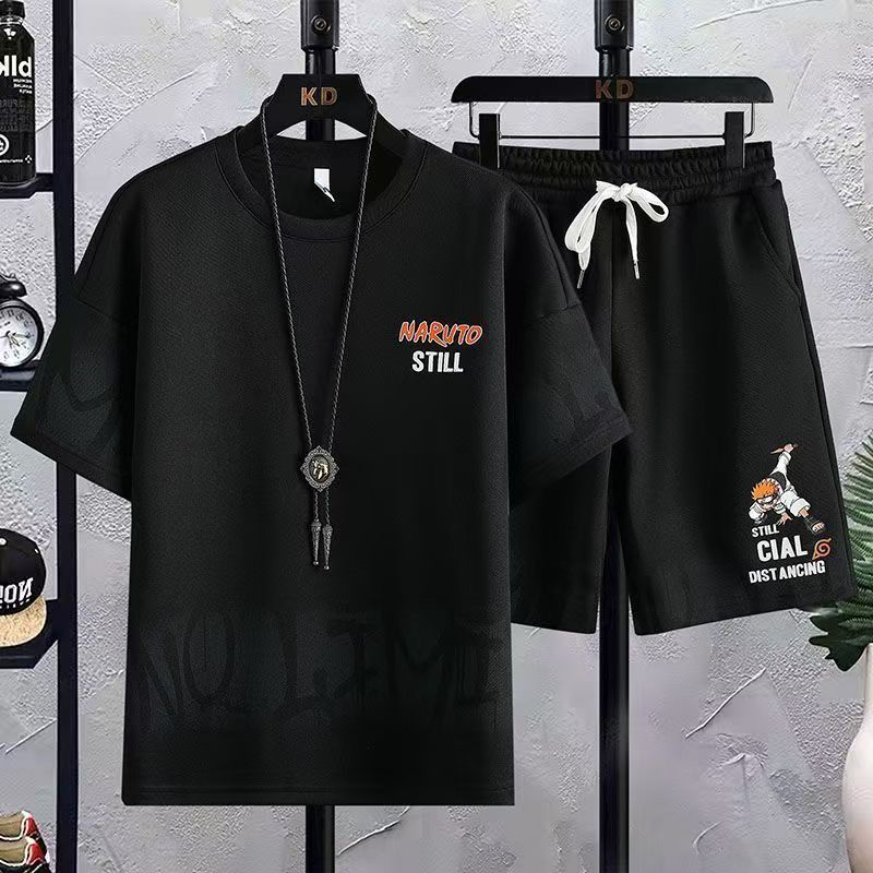 Men's Summer Loose Short Sleeve T-Shirt & Shorts Set, Korean Style Trendy Half Sleeve Tee with 5-Inch Shorts Two-Piece Outfit for Men, Naruto Print Casual Streetwear